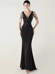 Luxury V-Neck Backless Sleeveless Rhinestone Vestidos Maxi Dress