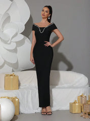 Elegant Diamond Off Shoulder Bandage Short Sleeved Crystal Prom Gown Dresses