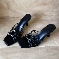 Metal Decoration Narrow Band Slippers Square Toe Thin Heel