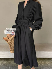 Maxi Dress V-Neck Polyester Casual Buttons Floor Length Dress