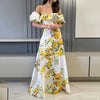 Elegant Printed Off Shoulder Lantern Sleeve Ruffles Slim Nipped Waist Maxi Dress