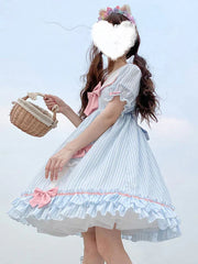 Sweet Lolita OP Stripes Bows Short Sleeves One Piece Dresses