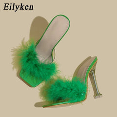 Design Feather Faux Fur Slippers Square Toe Clear Crystal High Heel