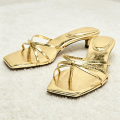 Cross Tied Kitten-Heel Sandals Unique Metallic-Effect Cracked Detail Slide Sandals Clip Toe Beach Flip-Flops