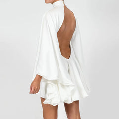 Elegant Pullover Turtleneck Long Ruffled Sleeves Pullover Backless Party Mini Dress