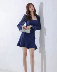 Elegant Chiffon Square Neck Full-sleeve Mermaid Bodycon Mini Dress