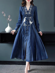 Long Maxi Embroidery Single Breasted Denim Dresses