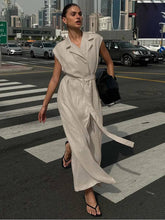 Casual Cotton Lapel Sleeveless Lace-Up Straight Ankle-Length Dress
