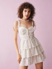 Floral Print Tiered Tie Strap Back Smocked Mini Dress