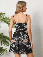 Floral Print Belt Design V-neck Sleeveless Mini Dress