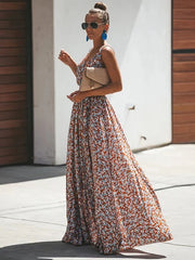Floral Sleeveless V Neck Split Maxi Dresses