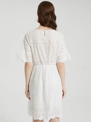 Floral Lace Embroidery Hollow Crew Neck Casual Dress