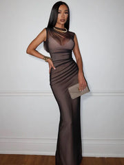 Causal Solid Sheer O-Neck Sheath Sleeveless Slim Fit Smock Regular Streetwear Maxi Dresses