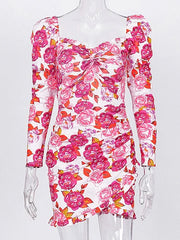 Pleated Ruched Floral Print Long Sleeves Bodycon Short Dress