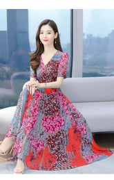 Arrival Short Sleeve Flower Printed Chiffon Long Beach Dress