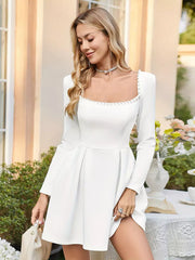 Elegant Square Neck Long Sleeve Pleated Long Sleeve Mini Dress