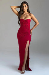 Elegant 3D Flower Spaghetti Strap Thigh High Split Maxi Dress
