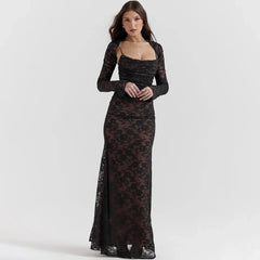 Elegant Vintage Hollow Out Lace Long Sleeve Cape 2 Piece Set Gown Slip Maxi Dress