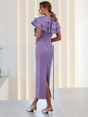 Elegant Satin V-Neck Ruffled Sleeveless Slim Straight Mid-Calf Dress