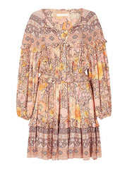 Boho Dress Lace Up V Neck Long Sleeves Floral Print Oversized Beach Dress