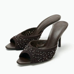 Brown Woven Mesh Slippers Peep-Toe High Heel