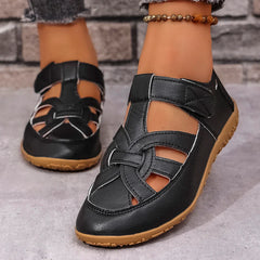 Casual Sandals Leather Hollow Flat Sandals Comfortable Round Head Closed Toe Beach Shoes