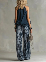 Women's Navy Halter Neck Top And Printed Wide-leg Pants Chiffon Set