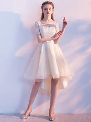 Short Sleeve Lace Applique Sash Round Neck A Line High Low Party Dresses