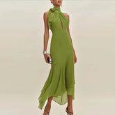Casual Backless Halter Lace-up Office Solid High Waist Slim Ruffle Dress