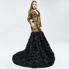 V Neck Long Sleeves Black Girl 3D Lace Evening Dress