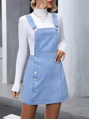 Vintage Button Front Denim Sleeveless Pockets Casual A-Line Dresses