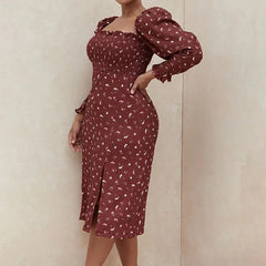 Floral Print Puff Long Sleeve Midi Dress