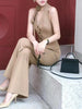 Casual Halter Neck Sleeveless Flowers Top High Waist Patchwork Pockets Pant Solid Two Piece Sets