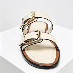 Comfortable Beige Soft Leather Flat Sandals Metal Buckle Designer Shoes