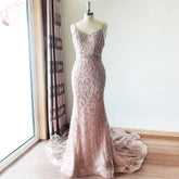 Luxury Beads Spaghetti Strap V Neck Mermaid Formal Evening Prom Wedding Party Gowns