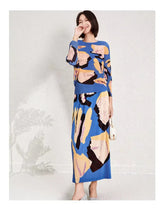 Printed Edition Round Neck Bat Sleeve Slim Slit Half Skirt Two-piece Set