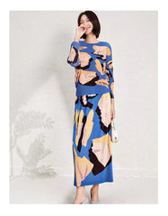 Printed Edition Round Neck Bat Sleeve Slim Slit Half Skirt Two-piece Set