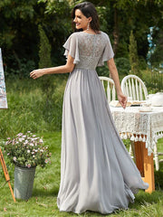 Prom A-Line Lace Short Sleeves Lace Long Party Dresses