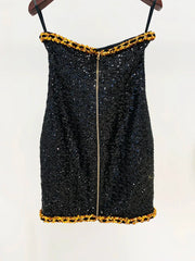 Trendy Gold Chains Sequined Designer Strapless Sheath Tube Dress