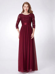 Prom A-Line Half Sleeves Tulle Lace Floor-Length Dresses