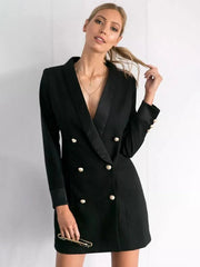 Elegant Front Button Double Breasted V-Neck Long Sleeve Office Blazer Dress