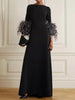 Elegant Feathers Half Sleeve Boat Neck Pleated Solid Color Floor Length Wrap Evening Maxi Dress
