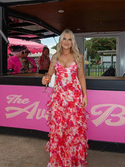 Chiffon Print Ruffles Strapless Sleeveless Backless Side Split Party Evening Dresses