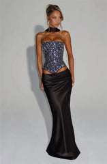 Elegant Sequins Sparkle Scarf Collar Crop Tops And Maxi Skirt Club Party Satin Skirt Matching Set