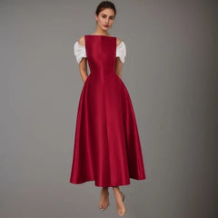 Casual Off Shoulder Patchwork Short Sleeves Round Neck Slim Big Swing Mid-calf Dresses