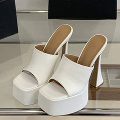 Chunky Platform Slippers Concise Open Toe Square High Heel
