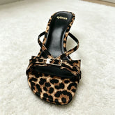 Leopard Print Silk Narrow Band Mules Sandals Buckle Detail Slide Sandals Open-toe Stiletto Party Dress Shoes