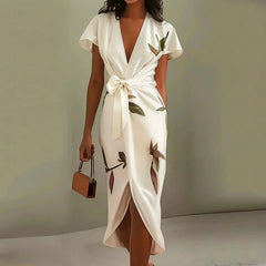 Elegant Tie-up Bow Floral Print Irregular Slim Boho V-Neck Knot Hollow Party Dresses