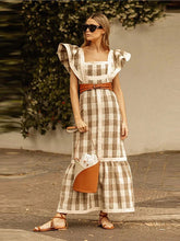 Elegant Flying Sleeve Striped Ruffled Pleated Square Collar Patchwork Maxi Dress