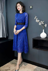 Elegant O-Neck Hollow Out Acetate Slim Office Lady Lace Midi Dress